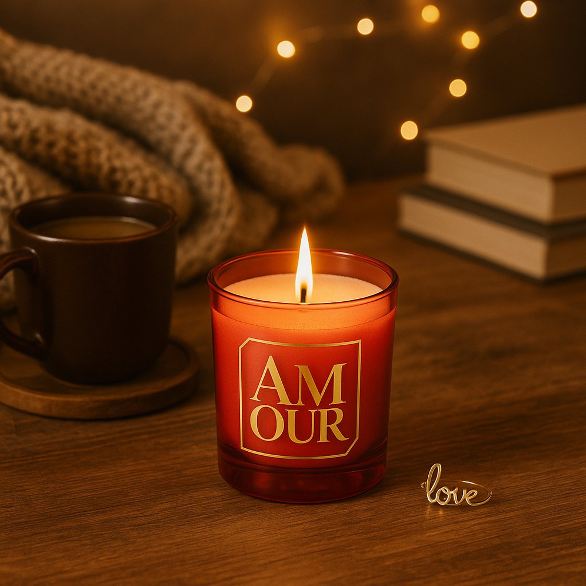 Luxe Geurkaars AMOUR met Verrassingssieraad – Rood Ombré Design – Sojawas Kaars in Stijlvolle Cadeauverpakking – Romantisch Liefdescadeau / Valentijnscadeau - Rood — cadeau in VALENTIJNSDAG 🌹 - foto 3
