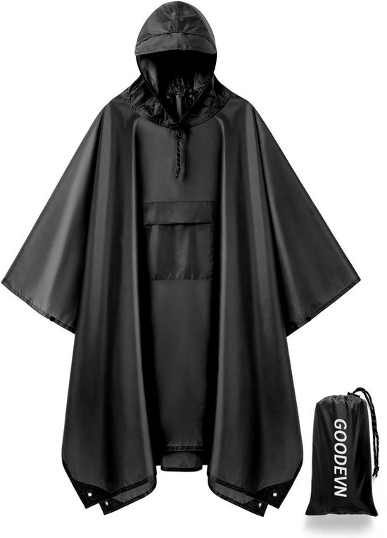 Poncho de pluie imperméable GOODEVN avec sac de rangement - Coupe-vent et séchage rapide | Unisexe (taille unique) | Idéal pour le Vélo et les festivals | Noir