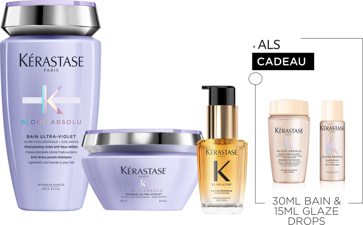 Bol.com Kérastase Blond Absolu-Elixir Trio + 2 Cadeau's - Zilvershampoo 250ml, Zilver haarmasker 200ml & Elixir Ultime Haarolie ... aanbieding