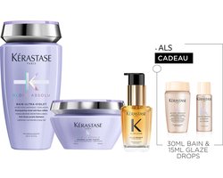 Kérastase Blond Absolu-Elixir Trio + 2 Cadeau's - Zilvershampoo 250ml, Zilver haarmasker 200ml & Elixir Ultime Haarolie 30ml met Arganolie + Shampoo 30ml & Glaze Drops 15ml Cadeau– Ontkleurd en gehighlight blond haar
