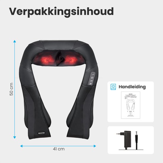 Zwarte nek-schoudermassager, 50x41 cm, met handmatige en oplader.