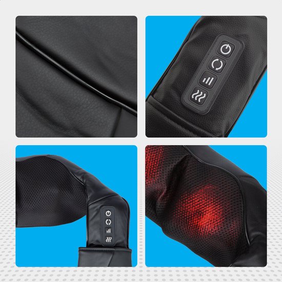 Detailfoto's van de zwarte nek-schoudermassager, met close-ups van de bedieningsknoppen en massagekoppen.