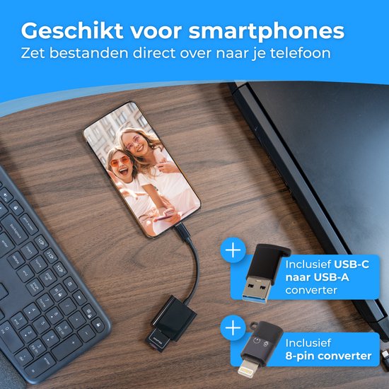 Lecteur de carte SD Nuvance - USB-C - Avec convertisseurs USB et 8 broches - Lecteur de carte mémoire Micro SD - Zwart
