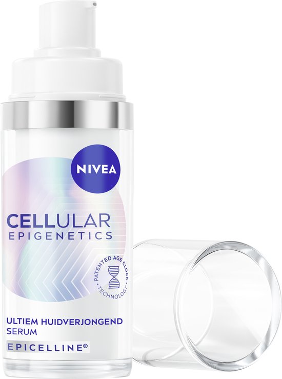 NIVEA CELLULAR Epigenetics serum flesje met pompje, en losse dop ernaast.