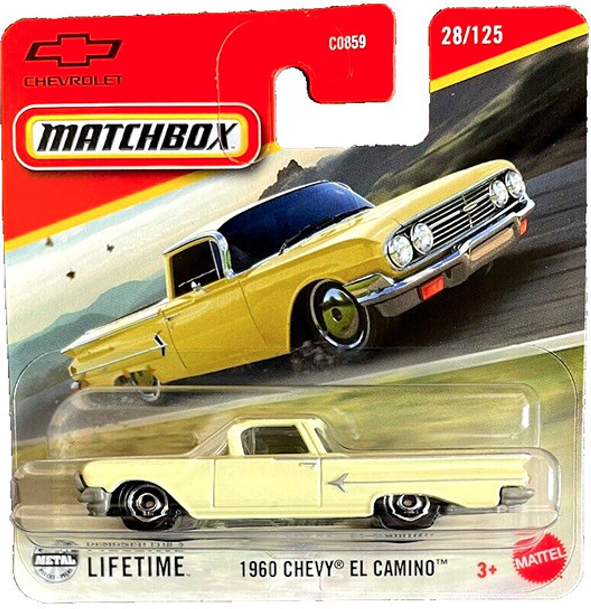 MATCHBOX 1960 CHEVY EL CAMINO 28-125 VANILLE (JBR70) 1:64 METAL US PICKUP SHORT CARD METAL