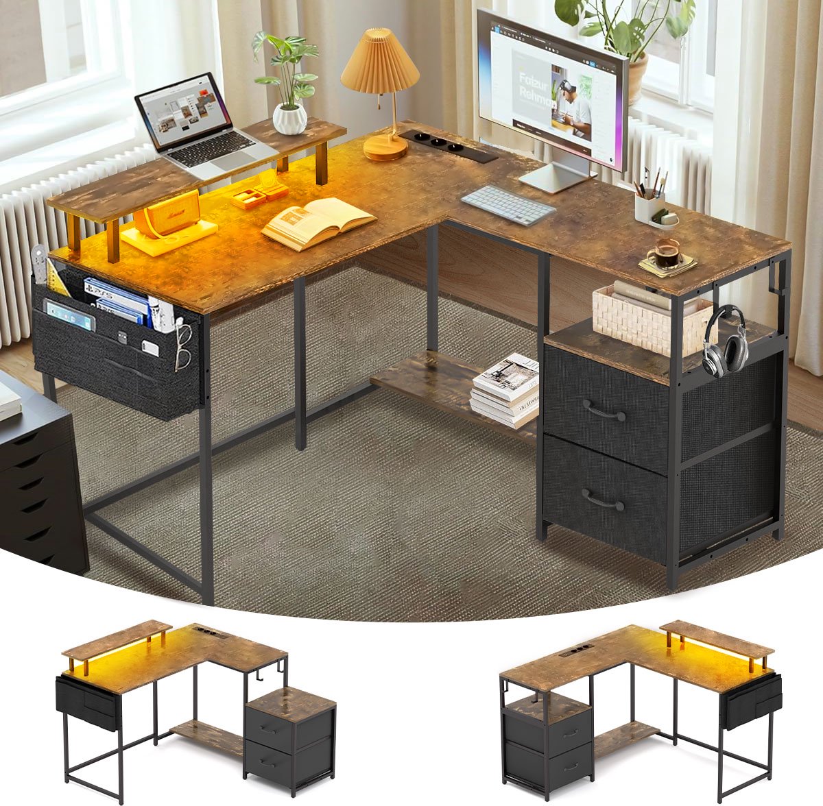 Mihtrov Gaming Bureau met LED Verlichting - L-Vormig Game Bureau met Stopcontact - 2 Non Woven Lade