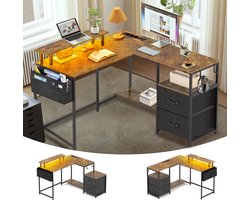 Gaming Bureau met LED Verlichting - 120x120x75cm - L-Vormig Game Bureau met Stopcontact - 2 Non Woven Lade - Gaming Desk - Computer Tafel - Gaming Tafel - Bureau voor Gamen, Studeren en Werken - Vintage Bruin