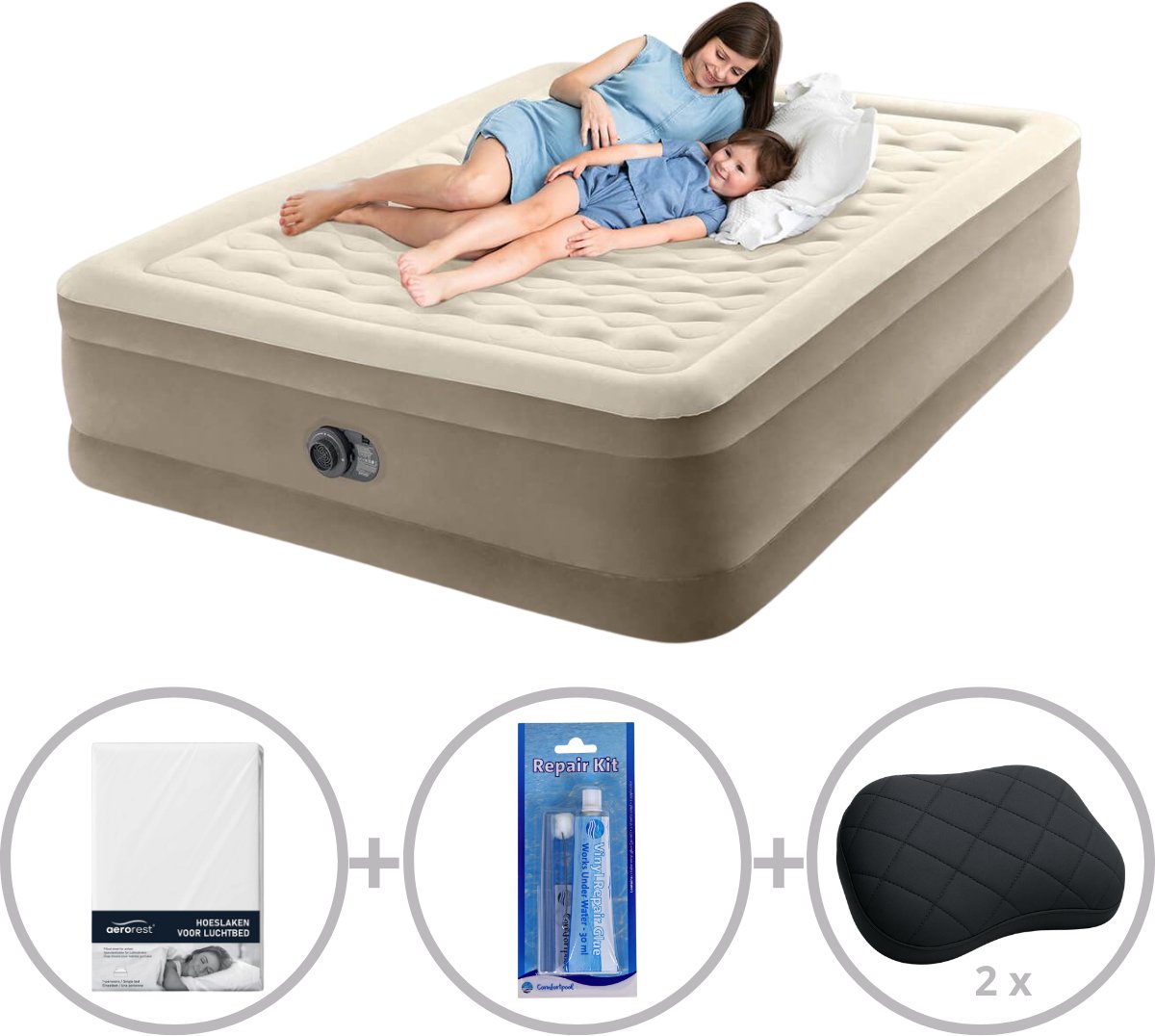 Intex Ultra Plush Luchtbed met ingebouwde pomp | Tweepersoons | 152 x 203 x 46 cm | Inclusief bijpassend hoeslaken + reparatiekit + twee opblaasbare hoofdkussens