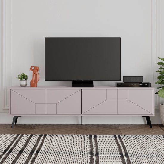 Meuble TV moderne HOCUS PICUS à 4 Portes – Grand meuble TV avec rangement – ​​Buffet TV en bois pour salon, chambre, bureau ou salle de séjour – 180 x 29,6 x 50 cm – Moka clair