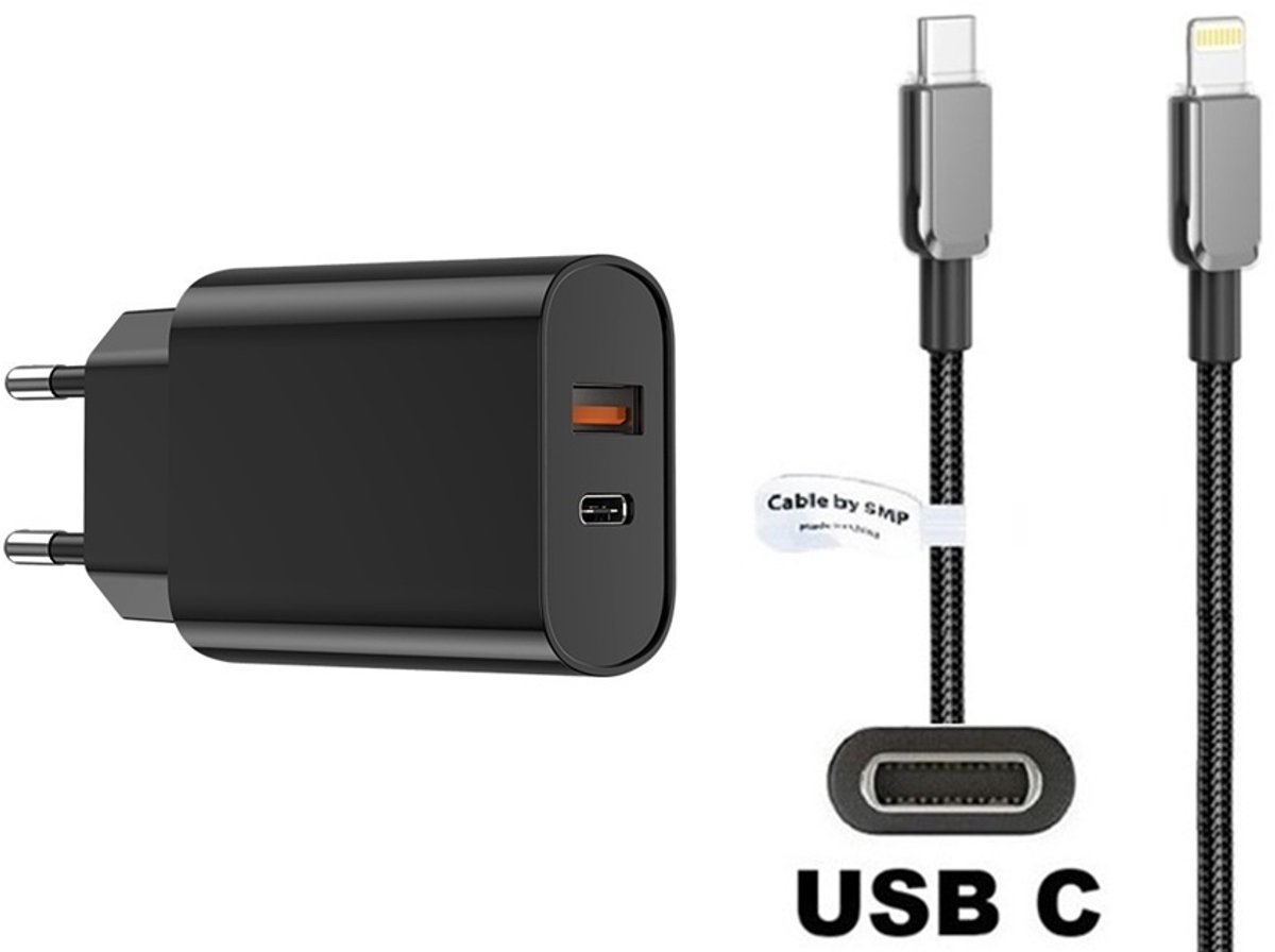 OneOne 20W snellader met 2 poorten + 1,0m OneOne USB C naar Lightning kabel. PD lader. Universele oplader adapter past op Apple iPhone 13 Mini, iPhone 13 Pro, iPhone 13 Pro Max, iPhone 14, iPhone 14 Plus, iPhone 14 Pro, iPhone 14 Pro Max