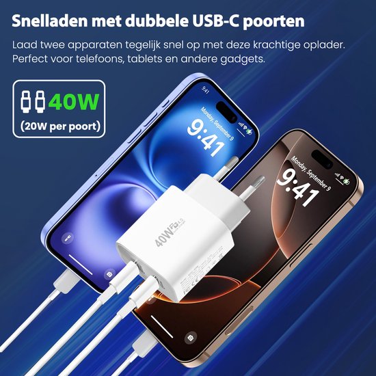 Faas USB C Oplader - Snellader - 40W - 2x 20W Poort - 2 kabels - 1.5 meter - USB C Kabel - USB C naar USB C - Wit