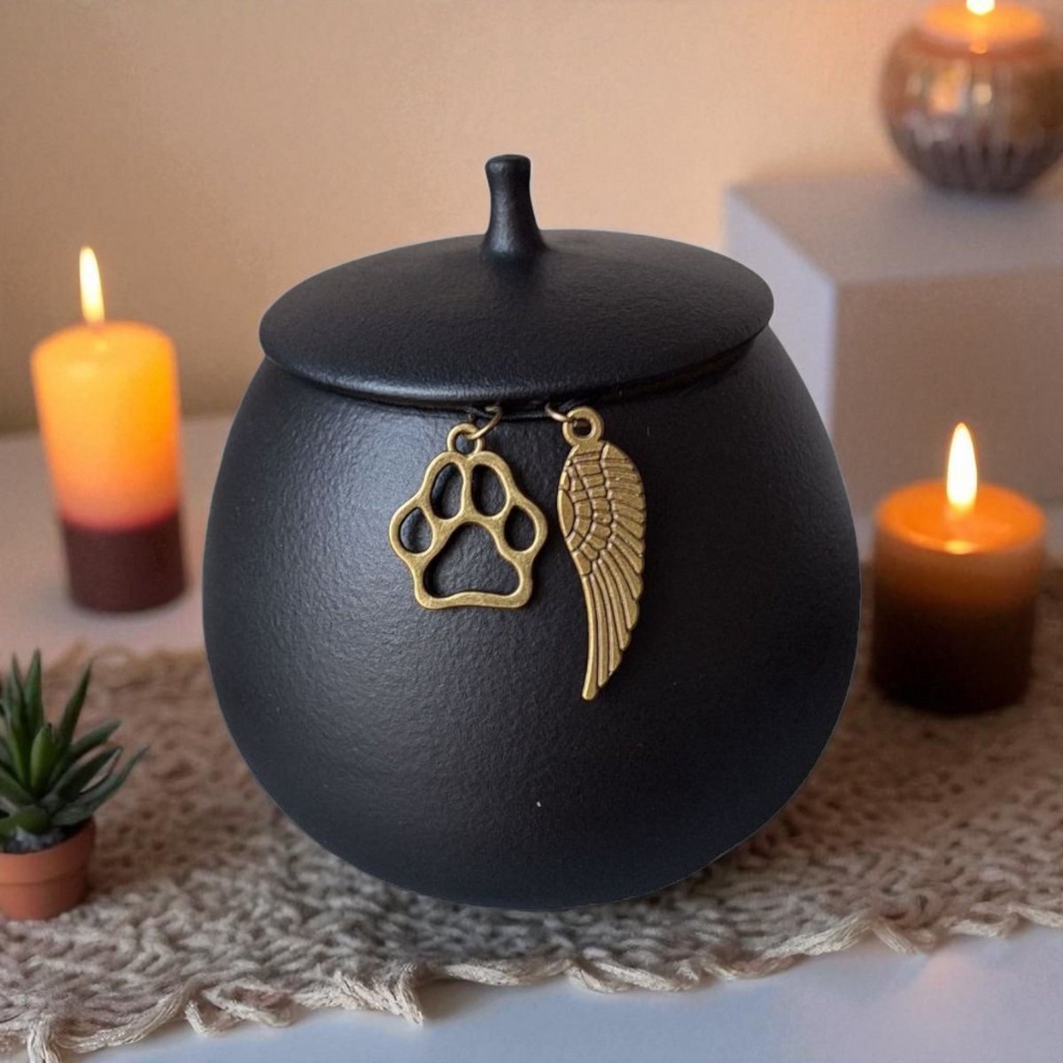 Mini urn met keepsake hangertjes – Een liefdevolle herinnering aan jouw huisdier - 5 x H 9 CM - Honden urn - Katten urn - Zwart - Keramiek - Moderne urn - Crematie urn - As urn - Huisdieren urn - Urn voor kat- Urn voor hond