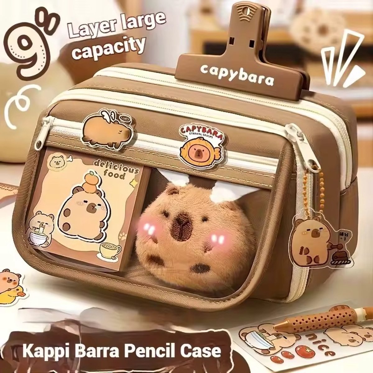 Capybara etui 9-laags Capybara pennenetui grote capaciteit brede opening schattig etui met 20 stickers, 1 memoblok, 1 sleutelhanger, 1 pluche & 2 broche Capybara schoolbenodigdheden
