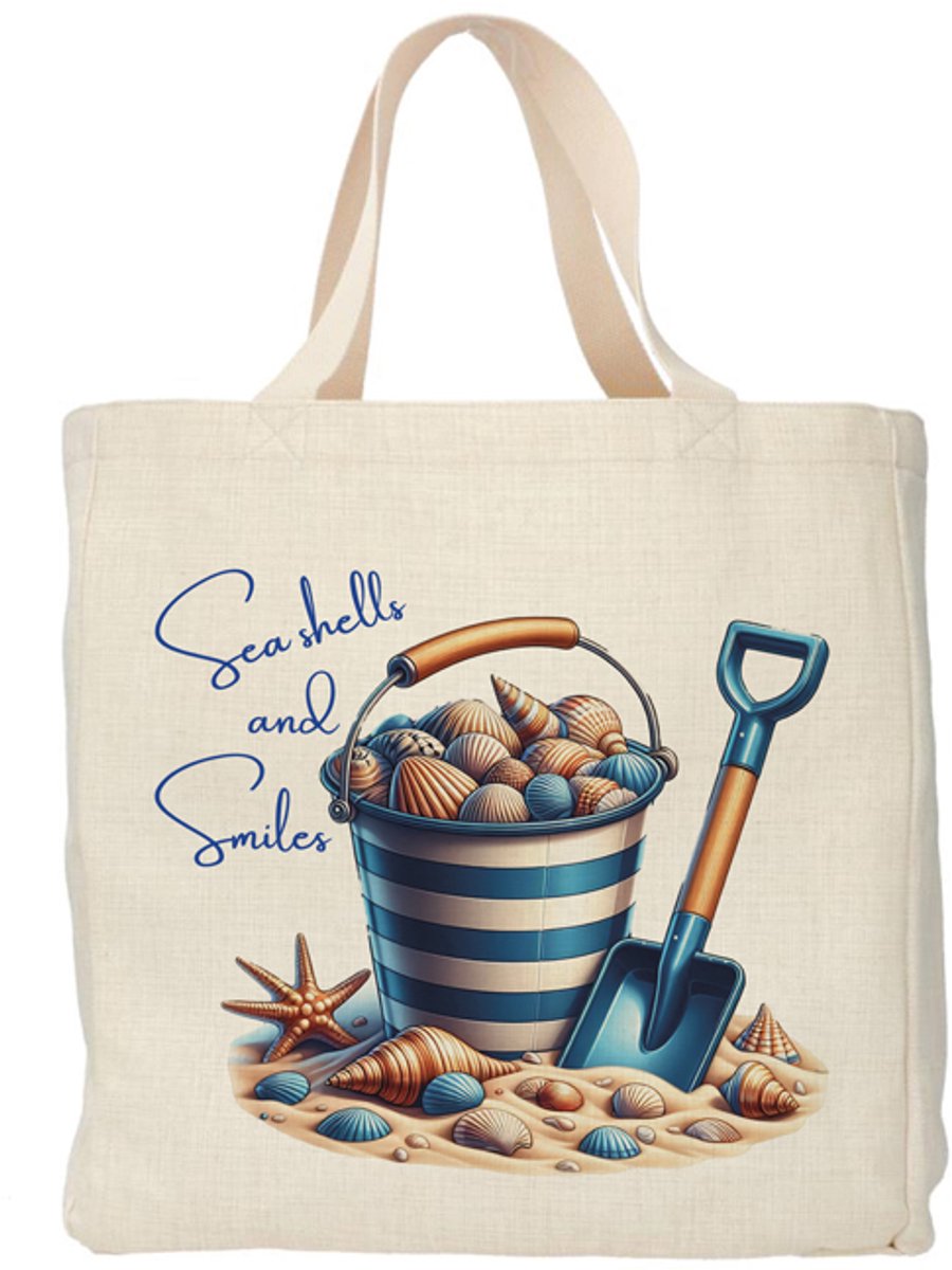 Shopper - Totebag - Boodschappentas | Beach Life - Seashells and Smiles | Duurzaam - Linnenlook - 48x38cm