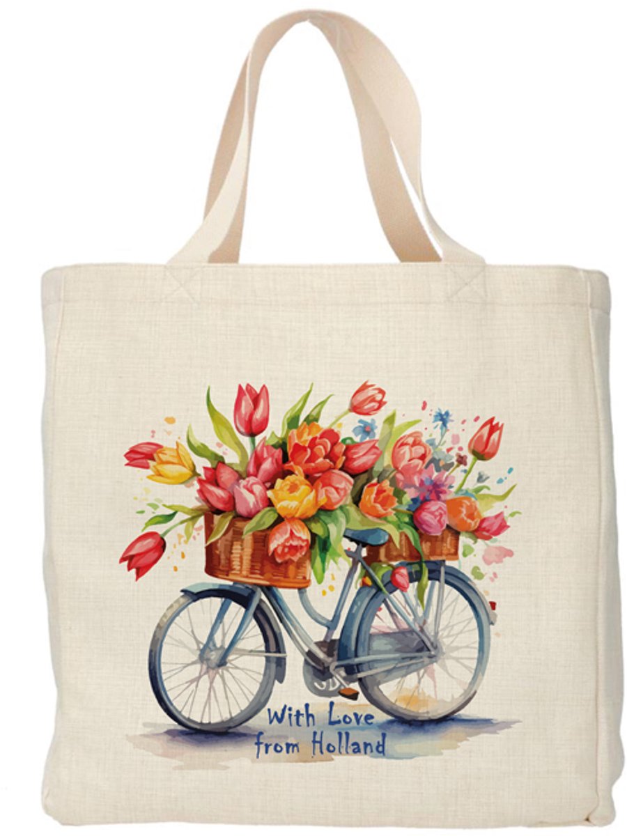 Shopper - Totebag - Boodschappentas | Fiets - With Love from Holland | Duurzaam - Linnenlook - 48x38cm