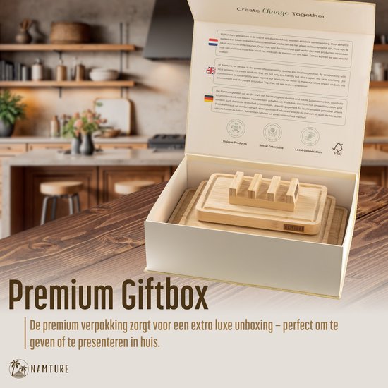 Namture Ensemble de planches à découper avec support – 3 Planches à découper – Design Uniek et Extra épais – Planche à découper en Bamboe de Premium – Antidérapante – Planche à boissons – Planche à tapas – Planche de service – Planche à fromage