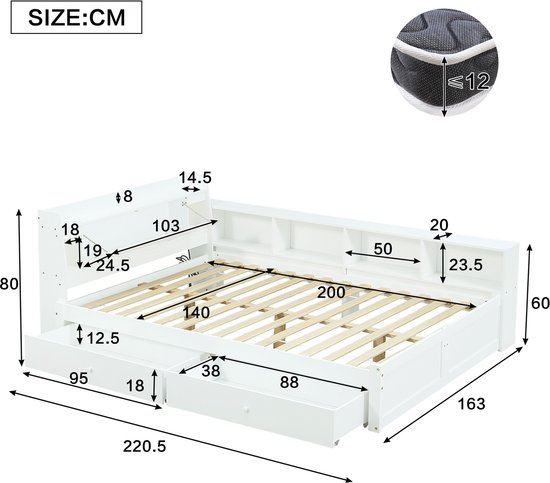 Sweiko Lit rembourré Lit 140x200cm avec 2 tiroirs et Sweiko Lit rembourré Lit 140x200cm avec 2 tiroirs et