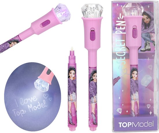 Roze TOPModel geheime pen met magisch licht, met illustraties van meisjes. Met extra afbeelding van licht dat tekst verlicht.