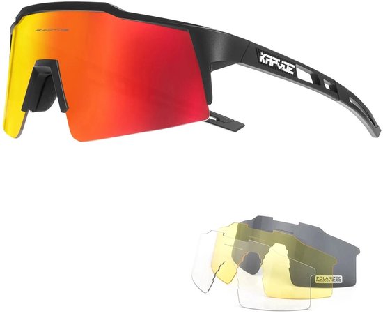 KAPVOE Sport Zonnebril - COMPLETE SET - 4 GLAZEN - Fietsbril - Sportbril - Mountainbike - Wielren - Ski - Wintersport - Polariserend - UV 400 - Nachtbril - Frame voor Zonnebril op Sterkte - Hoesje -Brillenkoker - Dames Heren - Zwart Rood