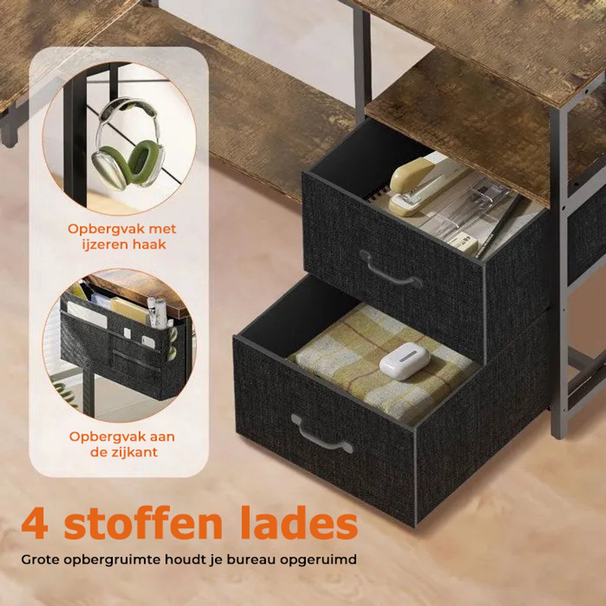 Gaming Bureau met LED Verlichting - 120x120x75cm - L-Vormig Game Bureau met Stopcontact - 2 Non Woven Lade - Gaming Desk - Computer Tafel - Gaming Tafel - Bureau voor Gamen, Studeren en Werken - Vintage Bruin thumbnail 6