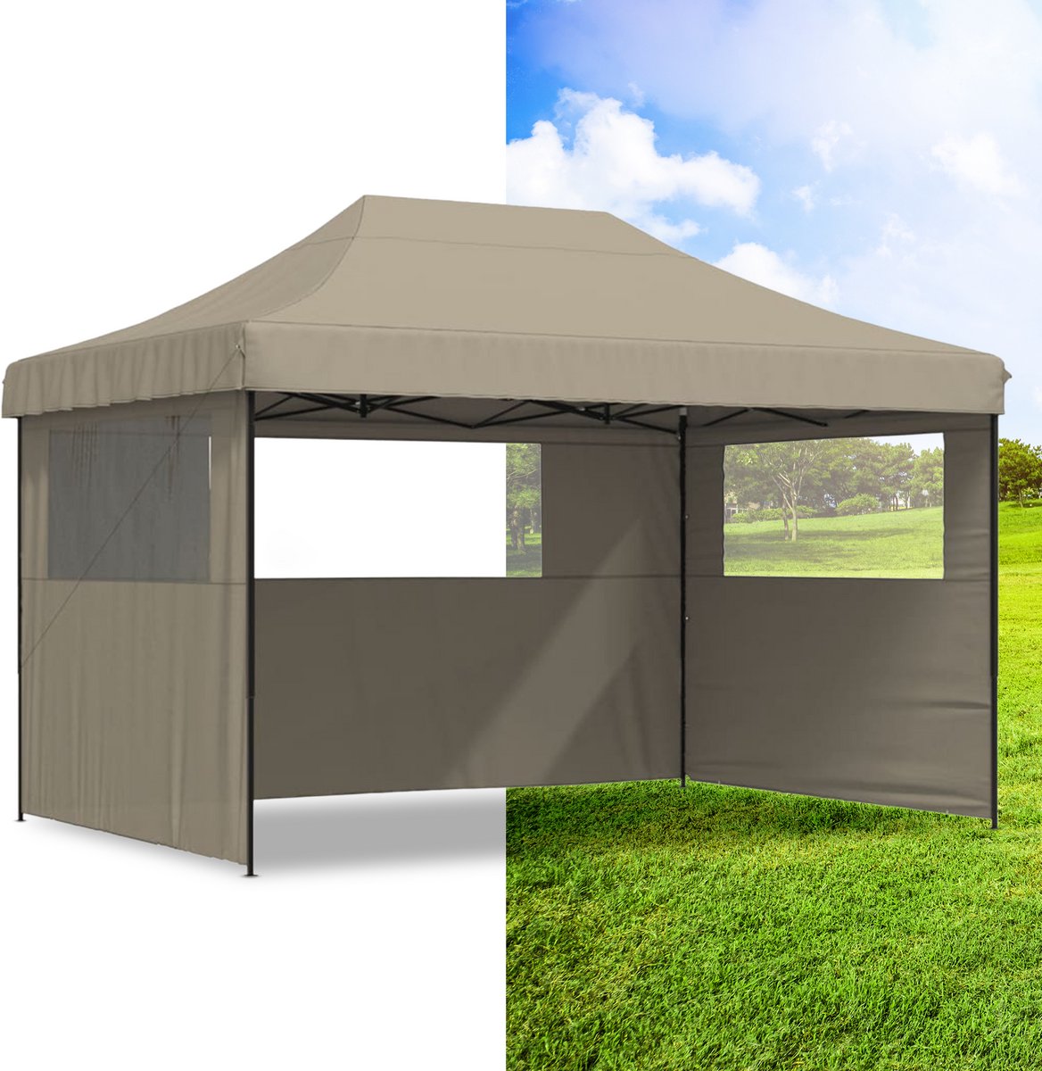 Partytent - 3x4 m - Zijwanden - Easy Up - Paviljoen - Opvouwbaar - Waterdicht - Weerbestendig- Taupe