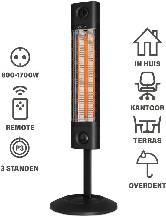 Veito CH1800 RE NOIR - Energiezuinige hoge capaciteit Carbon Infrarood Verwarming - Elektrische Kachel - Heater - Elektrisch - Staand - In hoogte verstelbaar - 3 warmtestanden regelbaar - incl. afstandbediening - 1700W