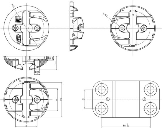 Technische tekening van een grond-/muuranker met afmetingen.