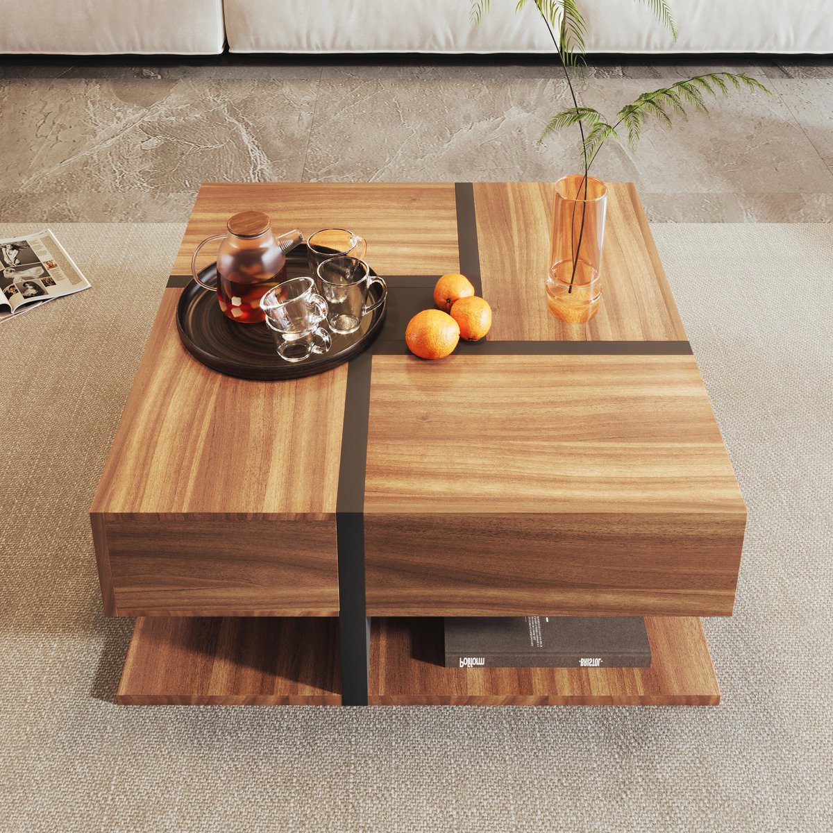 GOPLUS Set van 2 nachtkastjes met 3 planken, salontafel met open design