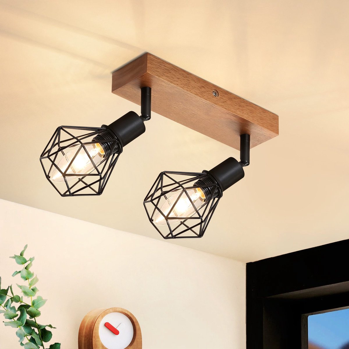 NETTLIFE Opbouwspot Hout - E14 Fitting - L 20cm - zwart - 2-Lichts - Vintage Plafondlamp - 350° draaibaar Plafondspot - voor Hal | Slaafkamer | Kantoor | Woonkamer - Zonder Lichtborn
