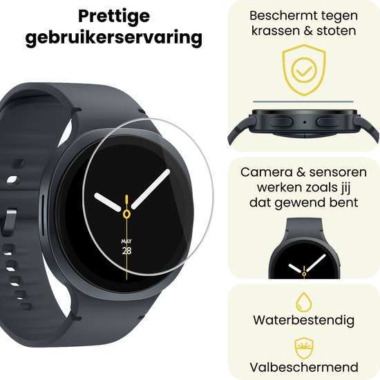 Donkergrijze smartwatch met beschermfolie. Beschermt tegen krassen, stoten en is waterbestendig.