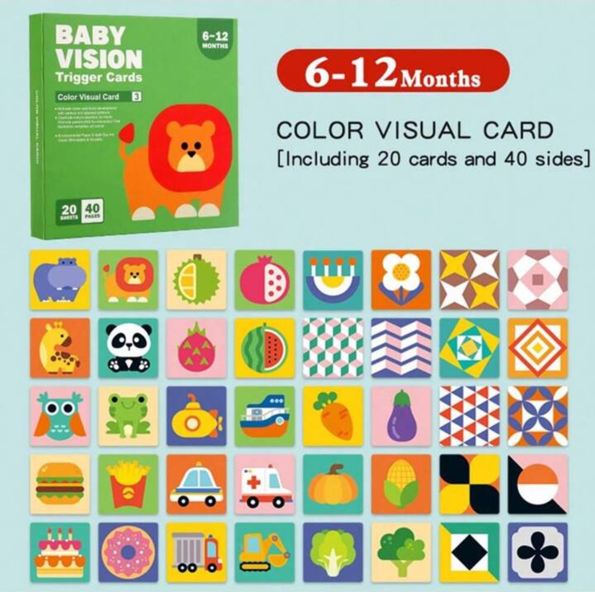 Montessori Visuele Stimulatiekaarten Baby 6–12 Maanden – Zwart-Wit Contrast voor Optimale Breinontwikkeling – Waterafstotend, Veilig & Duurzaam – 20 Dubbelzijdige Kaarten (14x14 cm) - Speelgoed