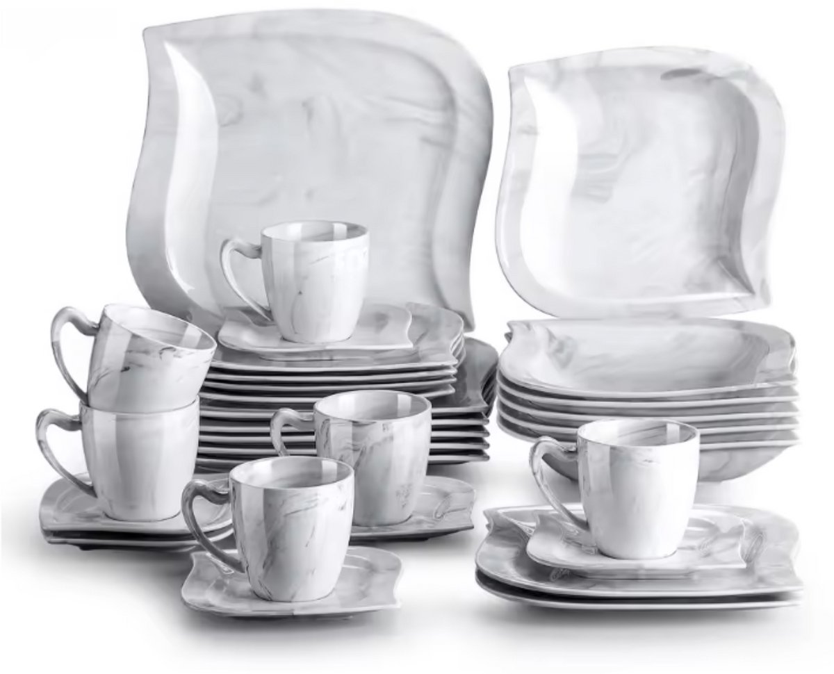Noble Bordenset - Dinerborden - 6 persoons - 30 delig - Marmerlook Keramisch - Breakfast Plates