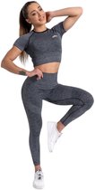 Mives® Sportlegging en Top - Yoga - Fitness set - Scrunch Butt - Dames Legging - Sportkleding - Fashion - Sport Broeken - Gym Sports - Legging Fitness Wear - High Waist - GRIJS - maat M - KORTE MOUWEN