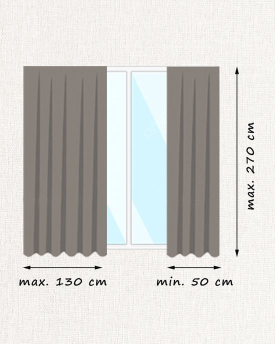 Illustratie van een raam met twee grijze gordijnen. De maximale breedte is 130 cm en de maximale lengte is 270 cm.