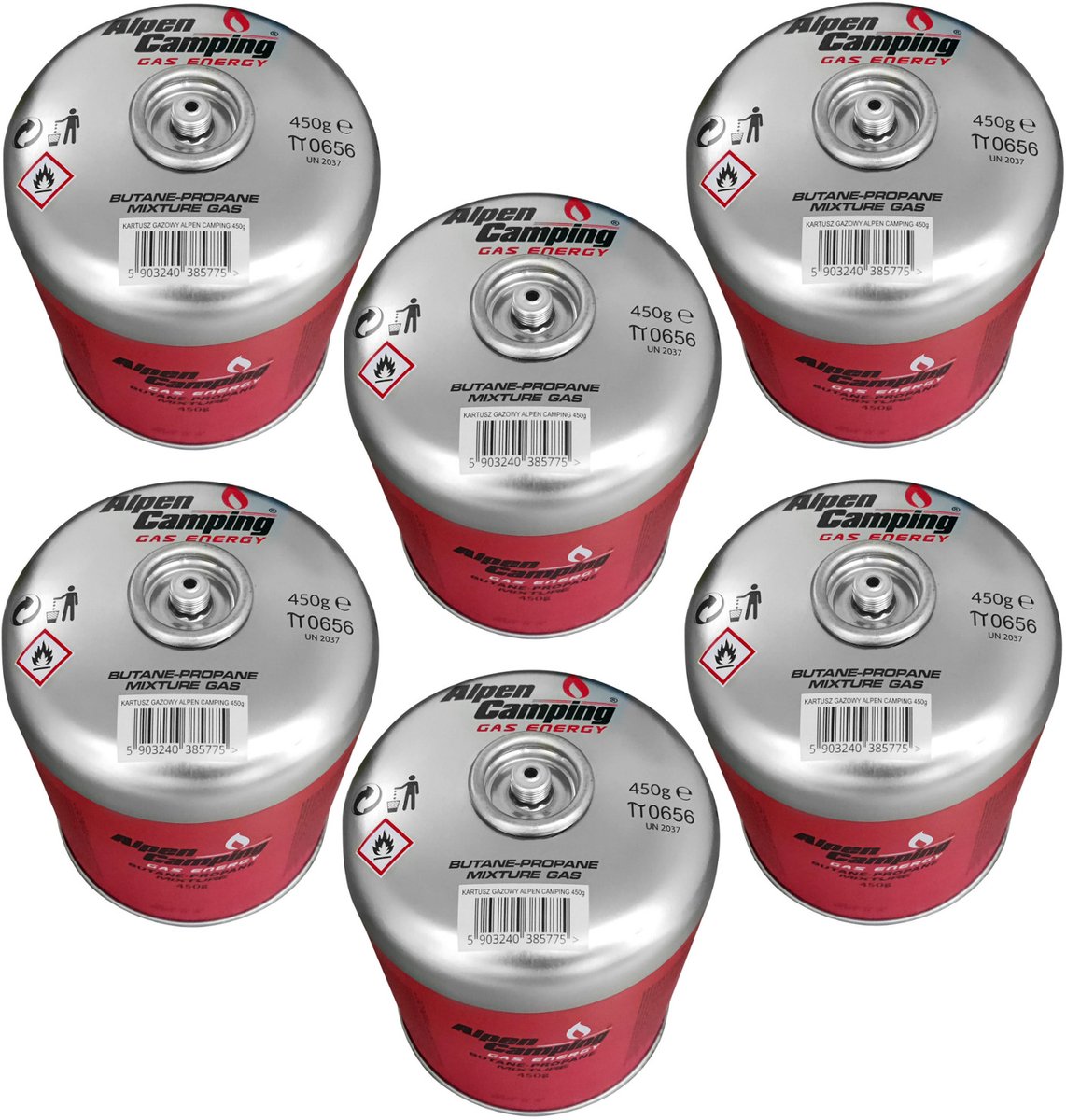 Alpen Camping - 6 stuks Gaspatroon 450g - Certificaat: Pi 0437, voldoet aan EN417, propaan-butaan, bereik -10°c tot + 40°c, 7/16" ventiel met schroefdraad IK020
