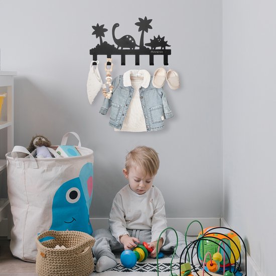 Kinderkapstok - Dino - Babykamer - 42cm - 6 haken – design - Inclusief bevestigingsmateriaal – Wandkapstok - Babykameraccessoires - Kinderkamer haakjes - Zwart - Modern — afbeelding 2