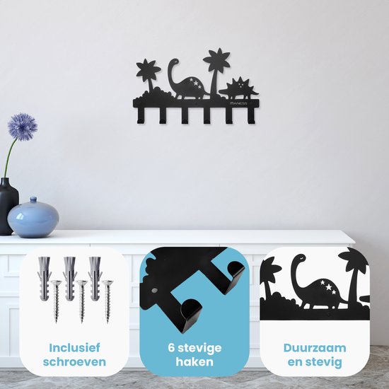 Kinderkapstok - Dino - Babykamer - 42cm - 6 haken – design - Inclusief bevestigingsmateriaal – Wandkapstok - Babykameraccessoires - Kinderkamer haakjes - Zwart - Modern — afbeelding 3