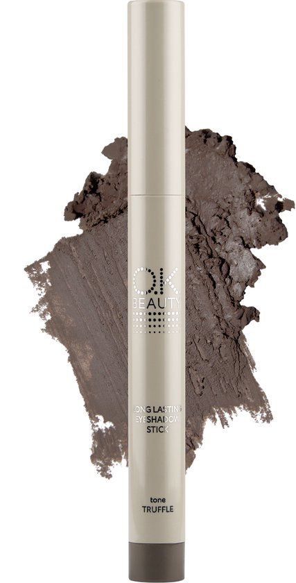 Oogschaduwstick 'Truffle' met bruine swatch, met 'O.K BEAUTY LONG LASTING EYESHADOW STICK' logo.