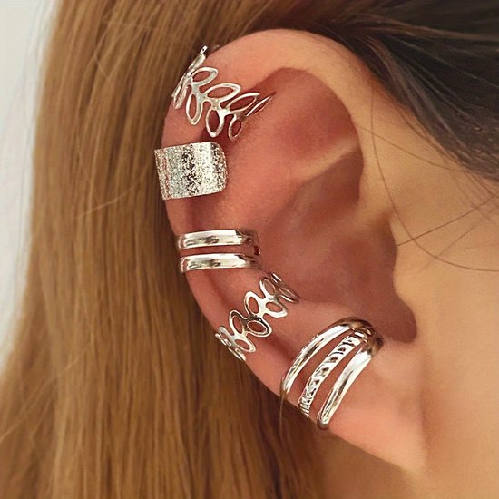 Set van 5 zilverkleurige ear cuffs voor dames – Oorclips zonder gaatje – Mix van gladde, gehamerde en opengewerkte ontwerpen oorbellen – Sieraad voor oorschelp