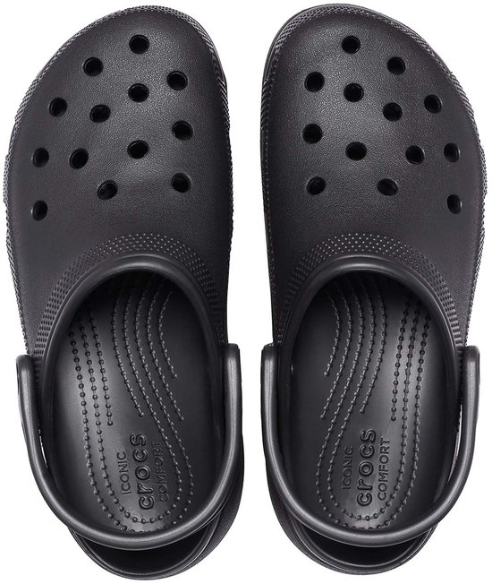 Bovenaanzicht van twee zwarte Crocs klompen met plateauzool en perforaties.