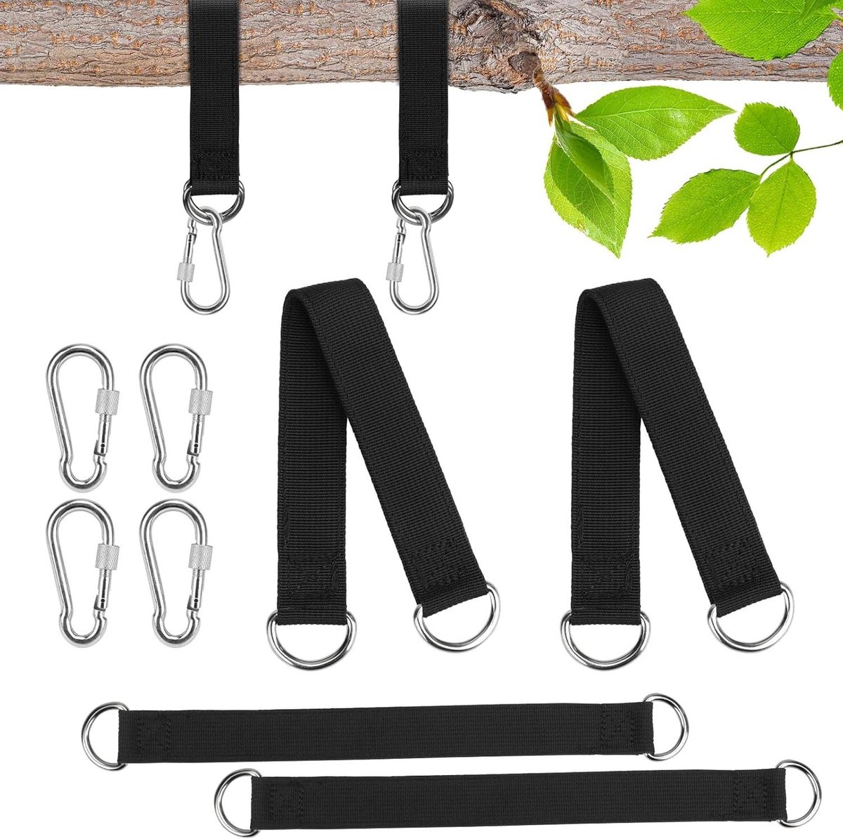 4 Pieces Swing Attachment Hammock Strap with 4 Carabiner Hooks for Heavy Load D-Rings Nylon Portable Swing Hanging Kit Tear-Resistant Suspension Hanging Strap for Hammock