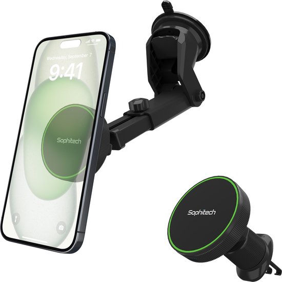 Sophitech MagCharge Pro - Magnetische Telefoonhouder Auto - Qi Draadloze Snellader - Geschikt voor MagSafe - 15W Snel Opladen - GSM Houder - Voor Ventilatierooster, Dashboard en Voorruit