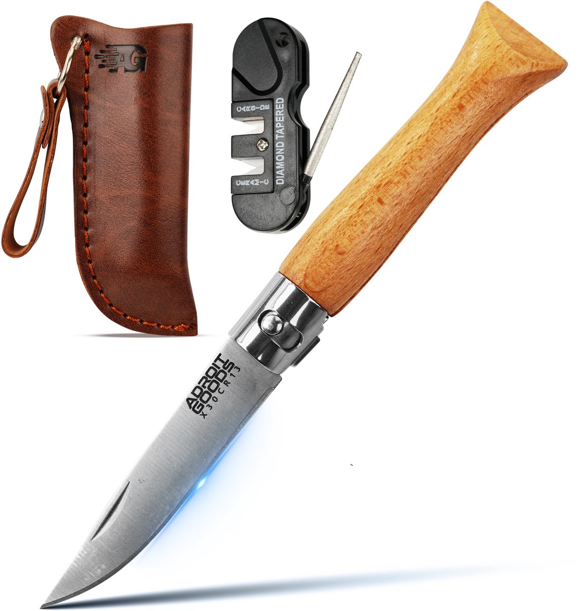 AdroitGoods Zakmes Met Veiligheidsring - X30Cr13 - Survival mes - Jachtmes - Staal en Beukenhout - Camping