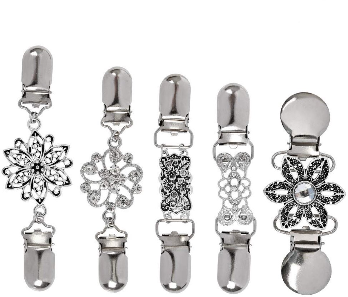 TRANKIELO® – Vintage Stijl Clips voor Vesten en Truien, Set van 5 – Sieraden Accessoire – Duurzaam Metaal met Strass Bloemendetails