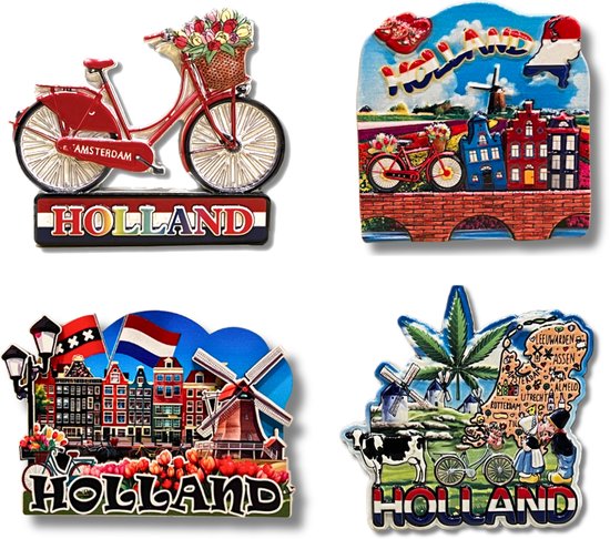 Magneten met Nederlandse scènes: rode fiets met bloemenmand, windmolens en tulpen, Amsterdam en Holland.