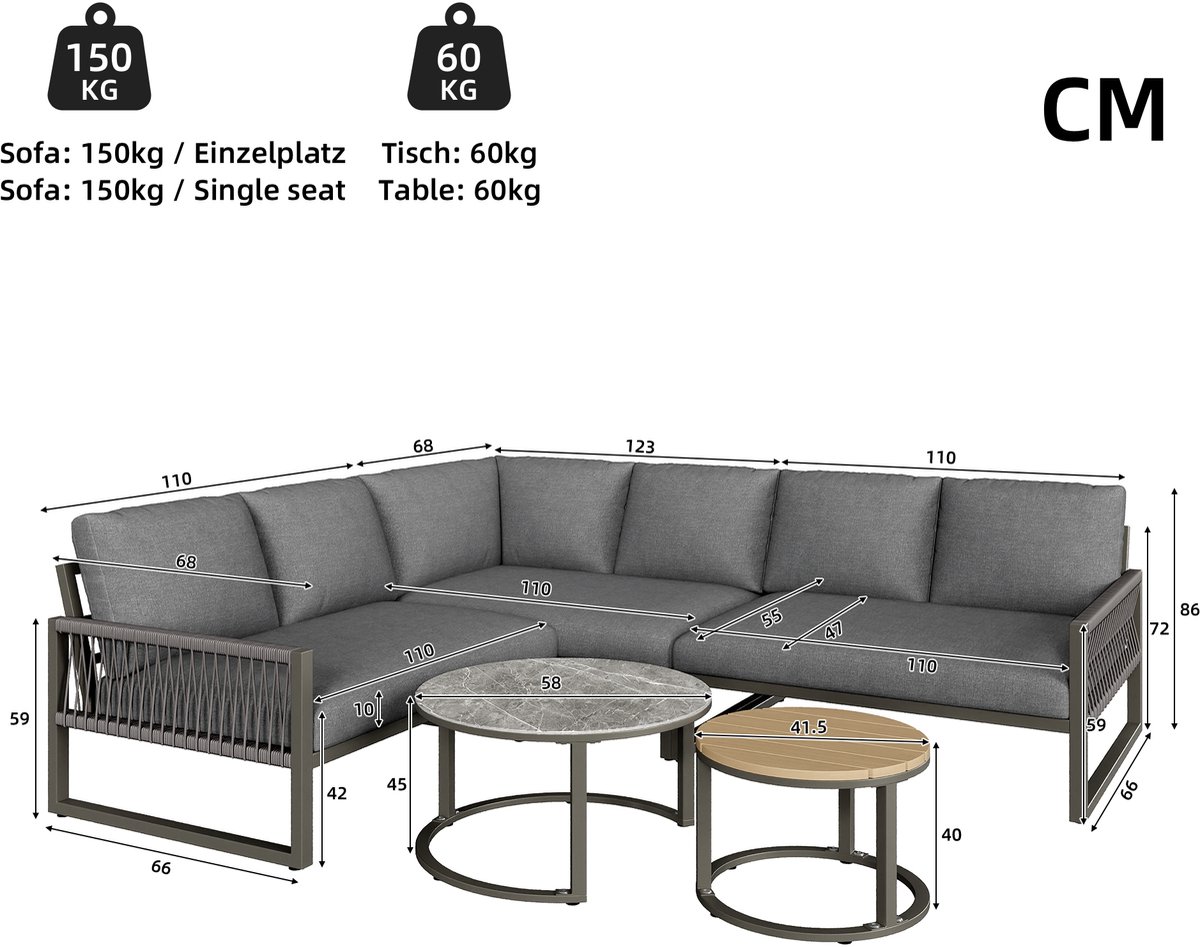 Merax lounge-set-6-7-personen-grijs-verzinkt-ijzeren-frame-verstelbare-poten-incl-kussens thumbnail 4