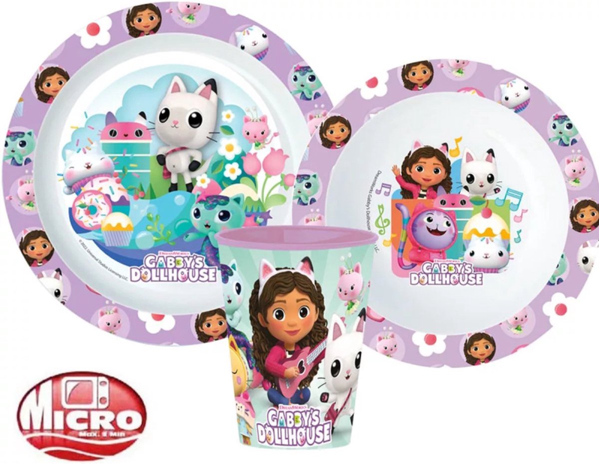 Gabby's dollhouse - Gabby's poppenhuis - ontbijtset - bord,bakje,beker - 3-delig - kinderservies