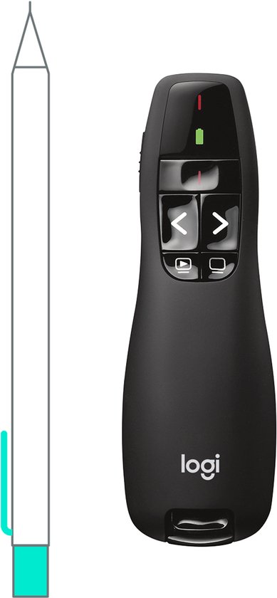 Zwarte Logitech R400 presenter naast een witte pen met turquoise clip.