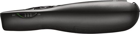 Zijkant van zwarte Logitech R400 presenter met 'OFF' en 'ON' schakelaar.
