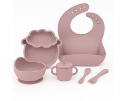 Babygiftset© – Siliconen babyservies set – Schaap Poeder Roze – Kinderservies set – Kinderbord – Kom – Met Zuignap – Kinderbestek – Babybestek – Slabbetjes – Drinkbeker – Snack cup – Kraamcadeau meisje – Kraamcadeau jongen – Babyshower cadeau